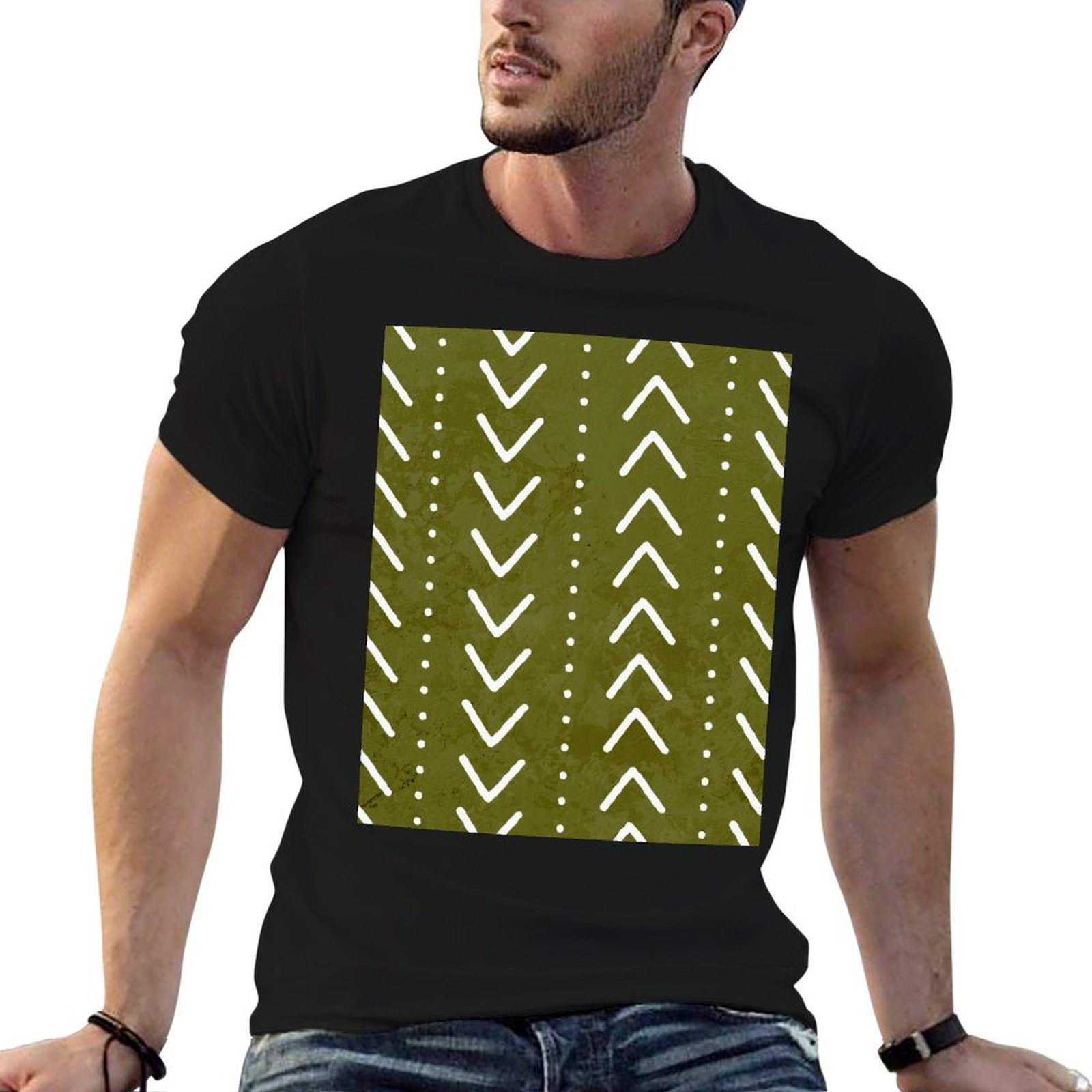 Mudcloth Print Top - Kaos Pola Panah Mudcloth Hijau Zaitun,