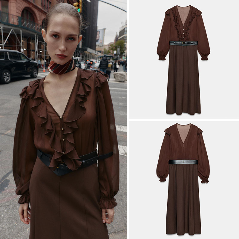 Gaun Midi Lengan Panjang V-Nec - Ethnic Fashion Wear For Women ulasan dan harga